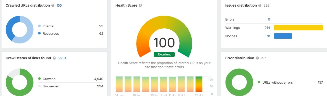Ahrefs Site Audit showing 100 website health score