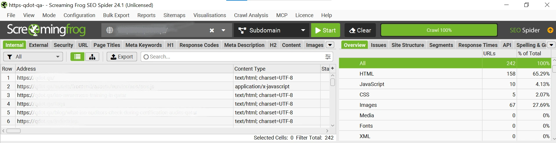 Screaming Frog technical SEO crawl showing completed website audit