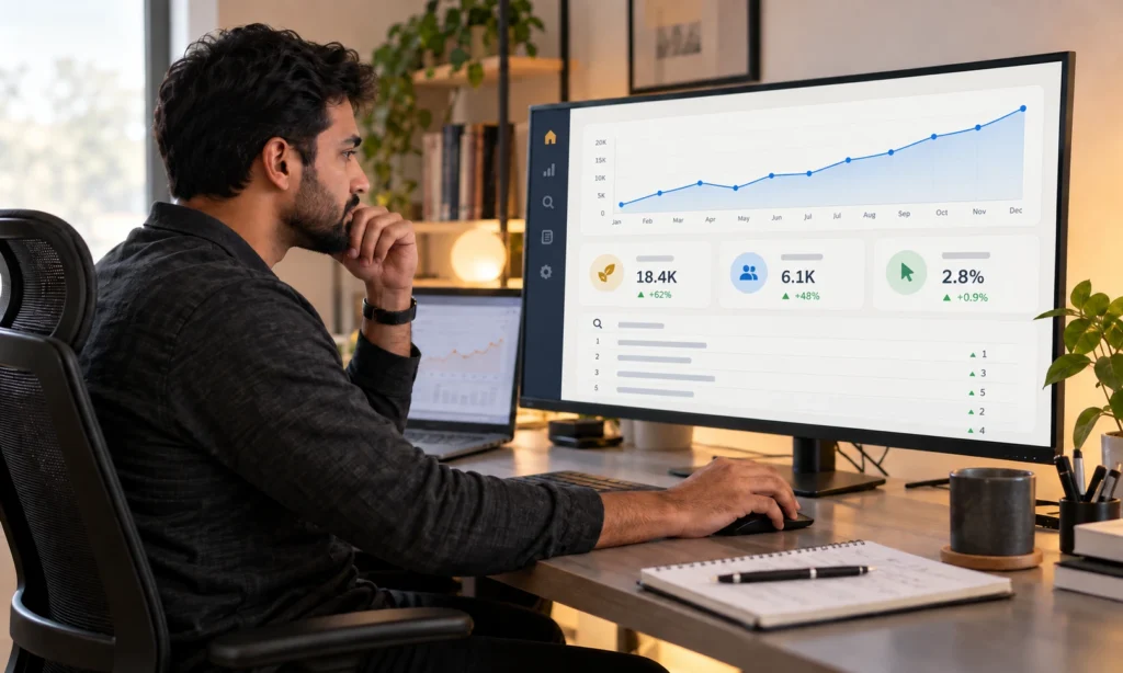 SEO specialist analysing organic search performance for a service business