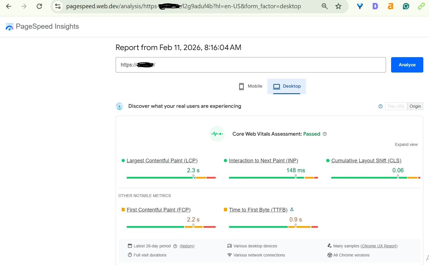 Pagespeed Insights showing passed Core Web Vitals on desktop